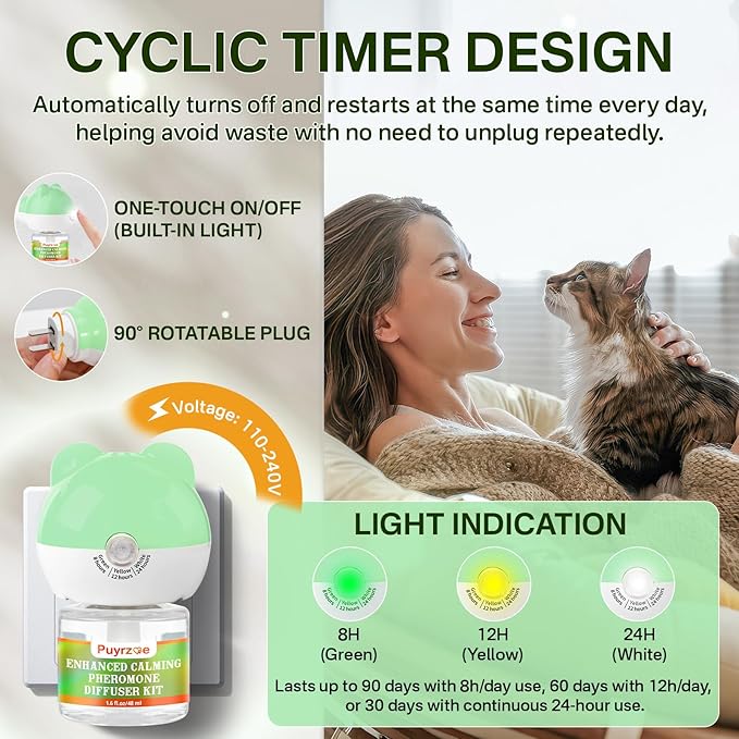 Cat 6-in-1 Calming Diffuser + Multivitamin 500 Chews for Cats – Stress Relief, Immune, Skin & Coat, Digestion, Brain & Bone Health for All Cats, 2 Diffusers + 4 Refills-Mewly Pet