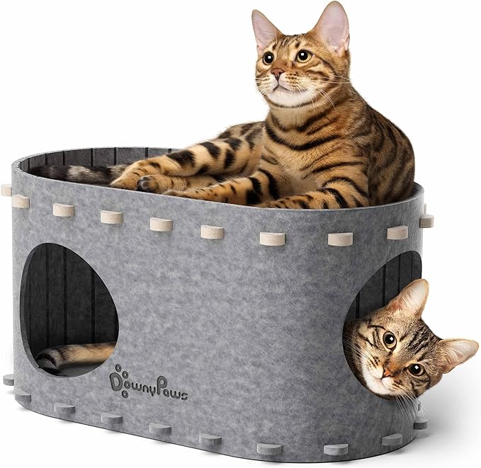 DownyPaws Cat House for Indoor Cats, Cat Bed Cave for Multiple & Large Cats Up to 22 Lbs, Scratch Resistant, Foldable Peekaboo Kitten Caves Tunnel Enclosed Bed, PeekaPurr, Light Gray-Mewly Pet
