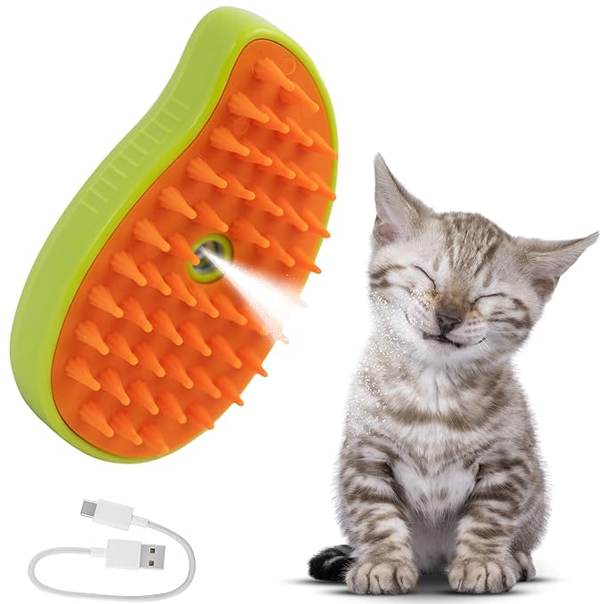 Cat Steam Brush for Shedding, Steamy Grooming Comb with Anti-Static Spray for Cats & Dogs, Gentle Defur Comb for Tangled & Loose Hair, Ergonomic Pet Mist Brush Design, Cepillo de Vapor para Gato Perro-Mewly Pet