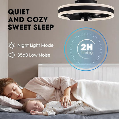 Ceiling Fans with Lights and Remote Flush Mount Black Ceiling Fan with Light,6 Speeds,LED Modern 15" Low Profile Ceiling Fans for Bedroom,Small Room