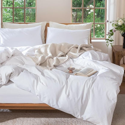 MooMee Bedding Duvet Cover Set 100% Washed Cotton Linen Like Textured Breathable Durable Soft Comfy (Solid Bright White, Oversized Queen 98"x98")