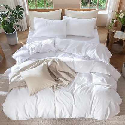MooMee Bedding Duvet Cover Set 100% Washed Cotton Linen Like Textured Breathable Durable Soft Comfy (Solid Bright White, Alaska King 132"x120")