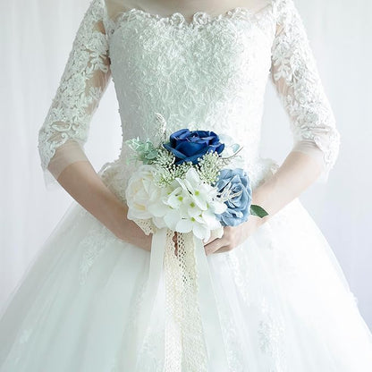 Wedding Bouquets for Bride Bridesmaid, Artificial Dusty Blue Bride Flower Bouquet for Wedding Church Decoration Ceremony, Anniversary, etc, Roses Flowers
