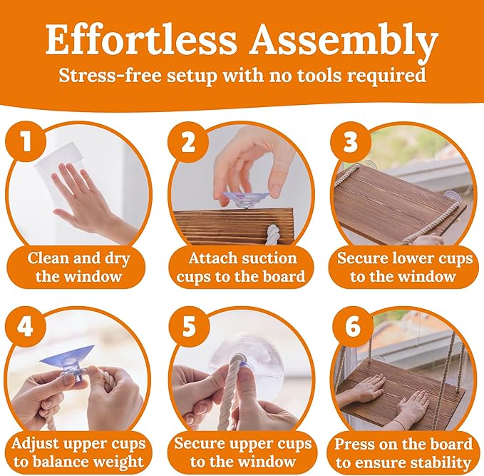 Cat Window Perch - Hammock Bed for Cats Inside - Solid Wood Seat, 4 Strong Suction Cups, Soft Cushion - Rustic Indoor Pet Shelf-Mewly Pet