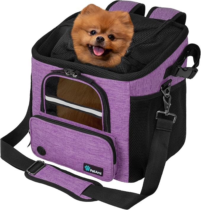 PetAmi Dog Bike Basket, Soft-Sided Ventilated Dog Bike Carrier Backpack, Pet Bicycle Basket for Bike Handlebar, Small Medium Puppy Cat Kitten Car Booster Seat with Safety Strap, Max 18 lbs, Purple-Mewly Pet