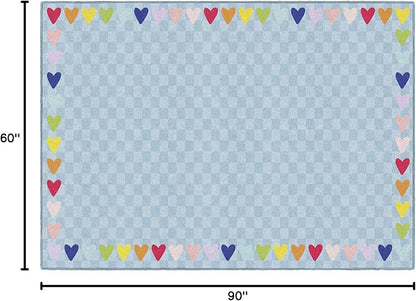 Flagship Carpets Schoolgirl Style Blue with Rainbow Hearts Border Educational Area Rug for Kids Room Seating Décor, Children's Classroom, Play Carpet for Teaching and Playroom, 5' x 7'6", Blue