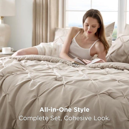 Bedsure Oversized Queen Comforter Set Beige - Bed in a Bag Bedding Set 7 Pieces, GentleSoft™ Pintuck Bed Set Gift for Family, Pinch Pleat All Season Comforter with Sheets, Pillowcases & Shams