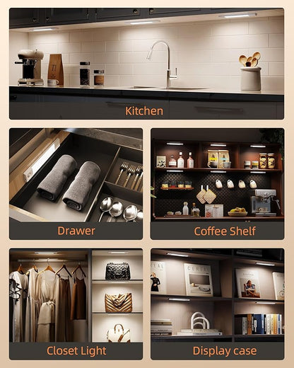 EZVALO 6-Pack Under Cabinet Lighting, Wireless Closet Lights, 50 LED Rechargeable Motion Sensor Light, Dimmable, 3 Color Temperatures, 11.8 inch Counter Lights for Kitchen, Pantry, Bedroom, Wardrobe