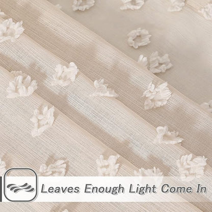 MYSKY HOME Pom Pom Beige Sheer Curtains for Bedroom Girls Room Curtains for Nursery Kids Light Filtering Boho Window Drapes, Rod Pocket, 52 x 95 Inches, 2 Panels