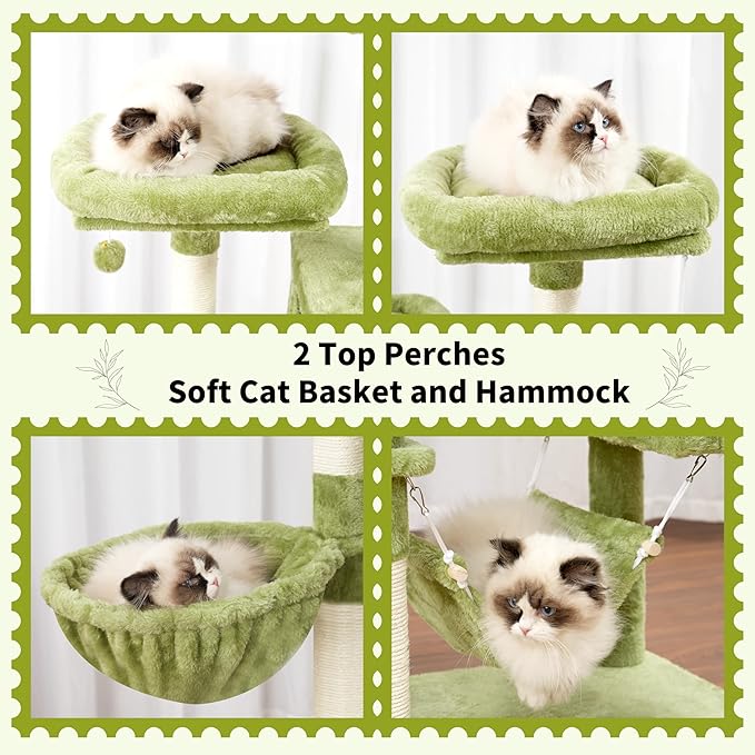 Cat Tree for Indoor Cats, 71'' (180cm) Multi-Level Cat Tower for Large Adult, Sturdy Cat Tree House with 2 Scratching Boards 7 Posts, 2 Plush Perches/Condos, Hammock, Green GCT032GR-Mewly Pet