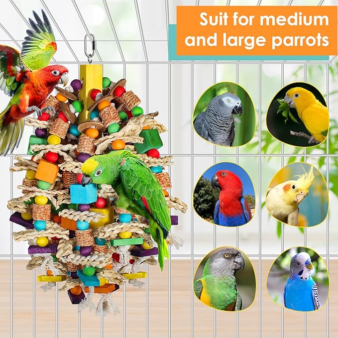 Medium Large Parrot Toys 20in Chewable Bird Toy with Coconut Shell, Poplar Wood, Corn Cob, 112 Schima Wood Beads Bird Shredding Toys Parakeet Macaw Cockatiel Conure African Grey Parrot Gifts-Mewly Pet
