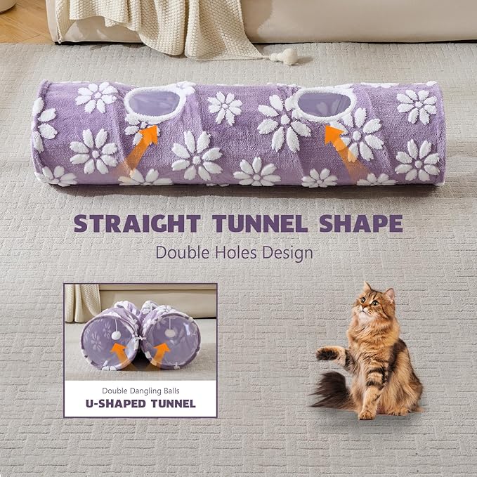 Straight Cat Tunnel for Indoor Cats 47"x12", Cute Cat Toys Collapsible Tunnel Tube with Balls for Puppy Kitten Rabbit, Purple Flower-Mewly Pet