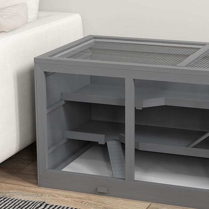 PawHut 45" Extra Large Wooden Hamster Cage, 3-Layer Chewproof Rat Cage with Opening Roof, Hut, Ramps, for Gerbil, Dwarf & Syrian Hamsters, Gray-Mewly Pet