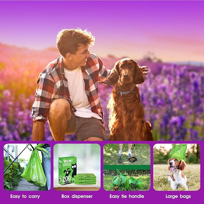Pet N Pet 200 Counts Lavender Scented Dog Poop Bags Rolls with Tie Handles, 38% Plant Based & 62% PE Poop Bags for Dogs, Extra-Thick Doggie Poo Bag, Pet Waste Bag-Mewly Pet