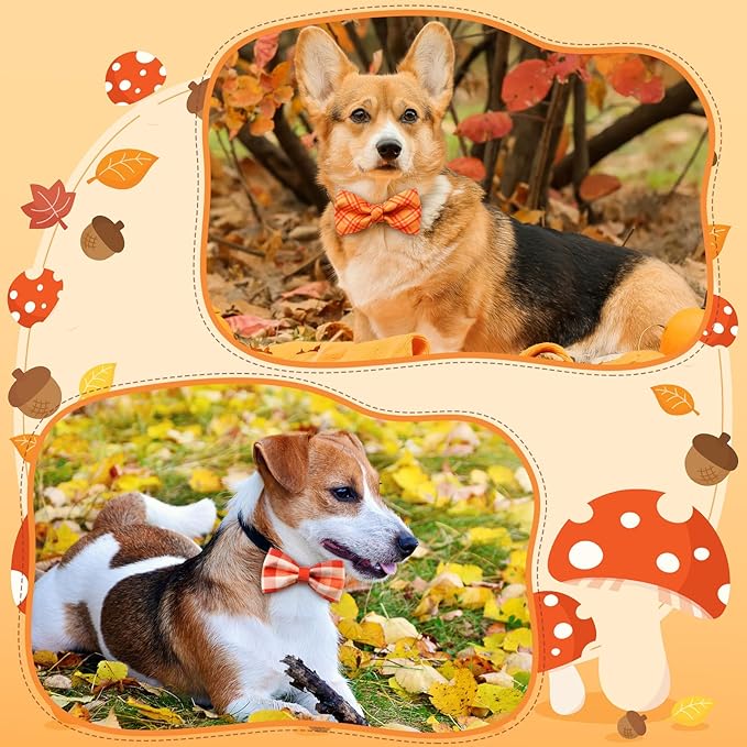Hillban 50 Pcs Fall Collar Dogs Bow Ties Autumn Plaid Dogs Collar Accessories for Pets Bow Ties Attachment with Elastic Bands Detachable Charms for Doggie Fall Autumn Costume-Mewly Pet