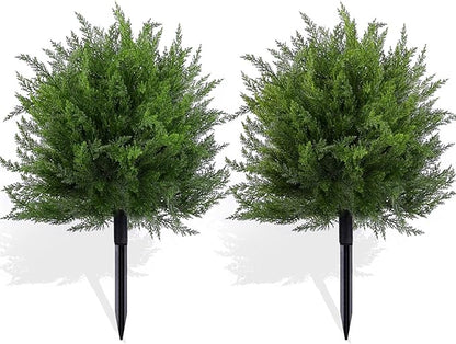 23.6" Artificial Cypress Topiary Christmas Tree with Spike, 2 Pack Faux Cedar Bushes UV Resistant Fake Shrubs for Front Porch Winter Decor (Cedar Topiary Ball Trees)