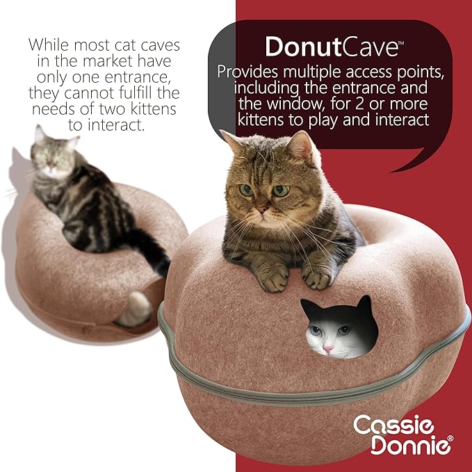 Cat Tunnel Bed for Indoor Cats, Medium Large, Donut Cave House up to 22 Lbs, Spacious for 2 Kittens (Brown)-Mewly Pet