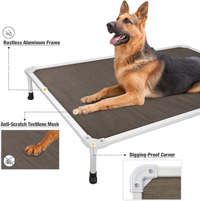 Veehoo Chew Proof Elevated Dog Bed - Cooling Raised Pet Cot - Silver Aluminum Frame and Durable Teslin Mesh Fabric, Unique Designed No-Slip Feet for Indoor or Outdoor Use, Brown, XX-Large, CWC2003-Mewly Pet
