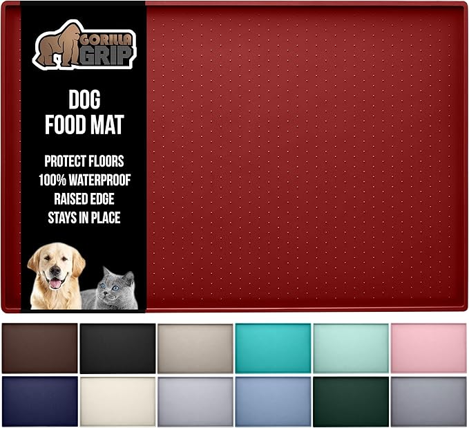 GORILLA GRIP 100% Waterproof Raised Edge BPA Free Silicone Pet Feeding Mat, Dog Cat Food Mats Contain Spills Protects Floors, Placemats for Cats and Dogs Water Bowl, Pets Accessories 23x15 Red-Mewly Pet