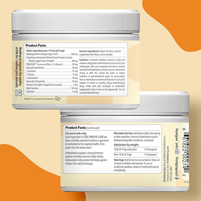 Pet Wellbeing Core Immune Care for Cats of All Ages - Daily Antioxidants, Immune Support, Collagen, Glutathione, Vitamin E - Veterinarian-Formulated Holistic Supplement 3.7 oz (105 g) Powder-Mewly Pet