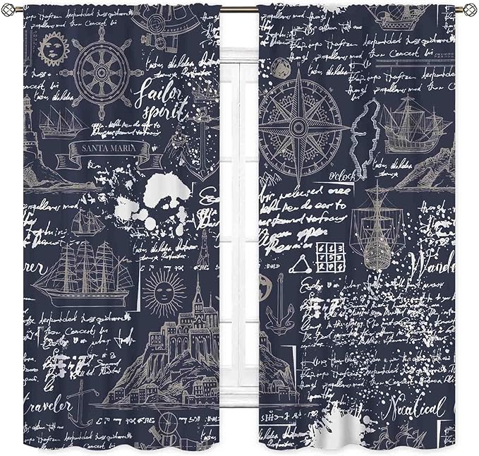 Vintage Nautical Curtains, Marine Coastal Sailboat Compass Anchor Ocean Beach Old Pirate Map Navy Blue Blackout Retro Drapes for Bedroom Living Room Kitchen Bathroom Window 2 Panels, 42"x63" Inch