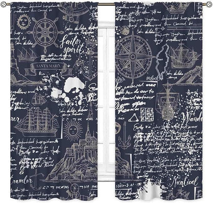 Vintage Nautical Curtains, Marine Coastal Sailboat Compass Anchor Ocean Beach Old Pirate Map Navy Blue Blackout Retro Drapes for Bedroom Living Room Kitchen Bathroom Window 2 Panels, 42"x63" Inch