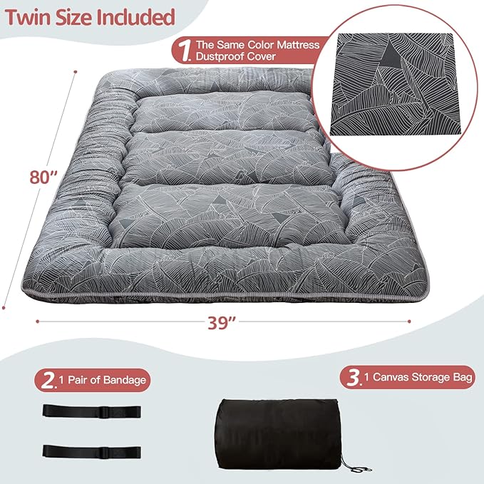 MAXYOYO Japanese Floor/Futon Mattress Thicken Sleeping Pad Roll Up Mattress Floor Lounger Bed Camping Mattress Guest Room Mattress Pad, Thick Soft and Comfortable, Black Leaf, Twin Size