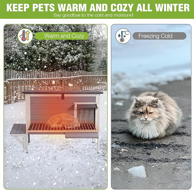 GUTINNEEN Heated Cat House Outdoor Cat House Insulated Weatherproof Feral Cat Shelter with Heated Pad and All-Round Thermal Liner for 1-3 Cats (Winter-Ready)-Mewly Pet