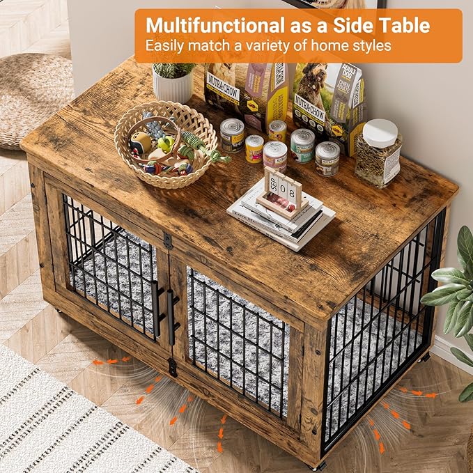 Lulive Dog Crate Furniture Set of 2, Dog Kennel Indoor Double Doors Wooden Dog Cage, 38'' Heavy Duty Dog Crate with Cushion & Wheels, End Table Pet House Chew-Resistant Up to 70 lb, Rustic Brown-Mewly Pet