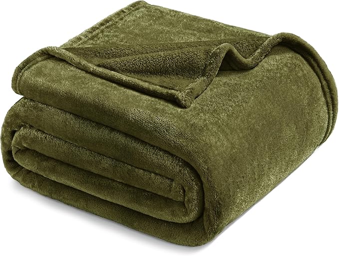 Exclusivo Mezcla Fleece Blanket Queen Size for Bed, Super Soft and Warm, All Season Use, Cozy, Plush, Lightweight, 90x90 Inches, Olive Green