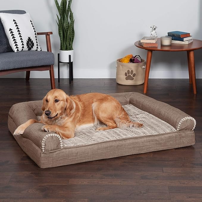 Furhaven Cooling Gel Dog Bed for Large Dogs w/ Removable Bolsters & Washable Cover, For Dogs Up to 95 lbs - Luxe Faux Fur & Performance Linen Sofa - Woodsmoke, Jumbo/XL-Mewly Pet