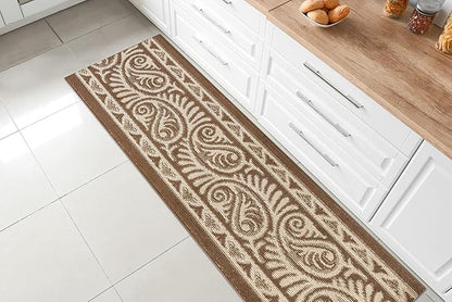 Custom Length Cut to Size Tribal Ethnic Southwestern Inspired Hallway Runner Rug, Non Slip Rubber Backed, 31 inch Wide X Customized Length, Mayan Brown, 31 inch X 32 feet