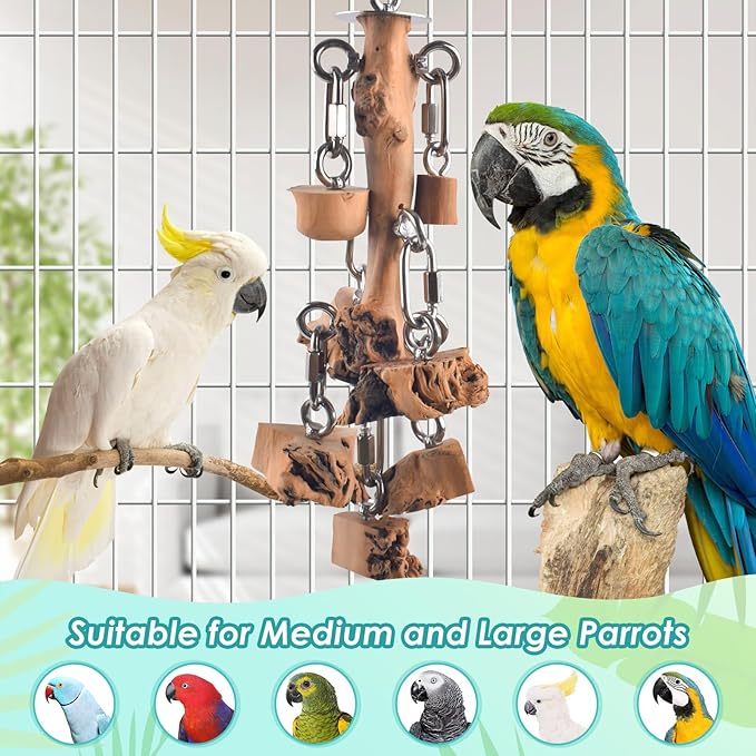 Bird Toys for Parrots, Durable Wooden Large Birds Toy with Stainless Steel, Hanging Natural Chew Hardwood Blocks for Macaws, African Greys, Amazon Parrot, Cockatoos and Small Medium Parakeets-Mewly Pet