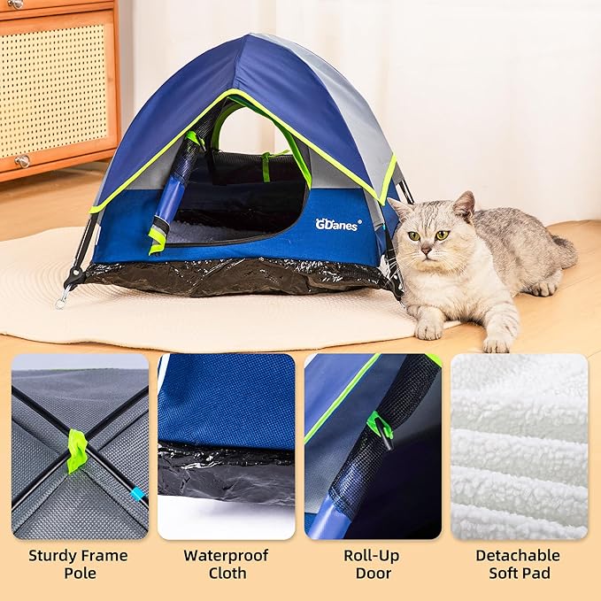 GDanes Blue Cat Tent, Large Cave Bed for Indoor Cats and Small Dogs with Soft Pad - 22" x 22" x 16"-Mewly Pet