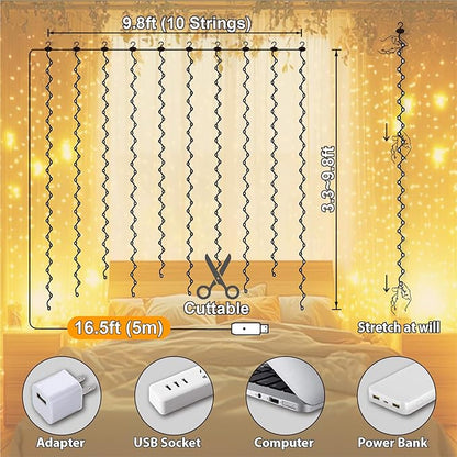 Warm White Curtain Light for Bedroom, 300 LED 9.8ft x 9.8ft Window Fairy Curtain String Light with 16 Hooks, 8 Models Remote Control for Wedding Party Home Garden Indoor Decorations