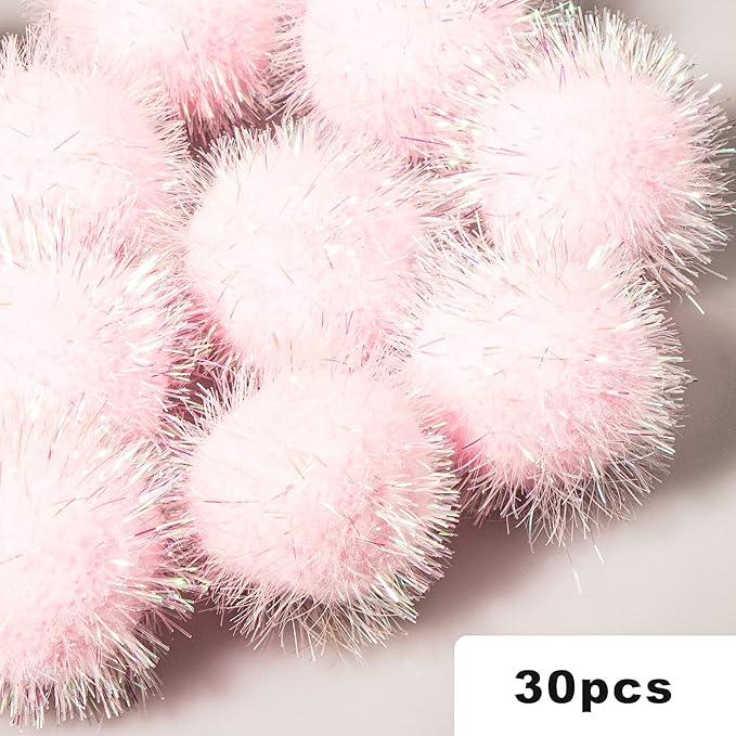 VAPKER 30 Pcs Cat Ball Toys Sparkle Balls Extra Large 2 Inch Cat's Favorite Chase Glitter Ball Glitter Tinsel Pom Poms Balls Light Pink Color-Mewly Pet