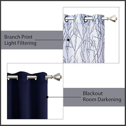 BONZER Mix and Match Curtains - 2 Pieces Branch Print Sheer Curtains and 2 Pieces Blackout Curtains for Bedroom Living Room Grommet Window Drapes, 37x84 Inch/Panel, Indigo, Set of 4 Panels