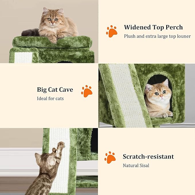 YANDLVY Small Cat Tower for Cats, Cute Cat Tree for Indoor Cats, Kittens Condo with Scratching Post and Board, Cat Cave, Modern Cat Activity House with Plush Perch (Green)-Mewly Pet