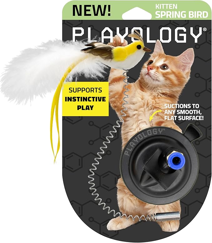 Playology Cat Toy Suction Cup Spring Bird | Interactive Toy with Lifelike Feather Bird | Secure Suction Cup with Unpredictable Movement | Perfect for Active Indoor Cats-Mewly Pet