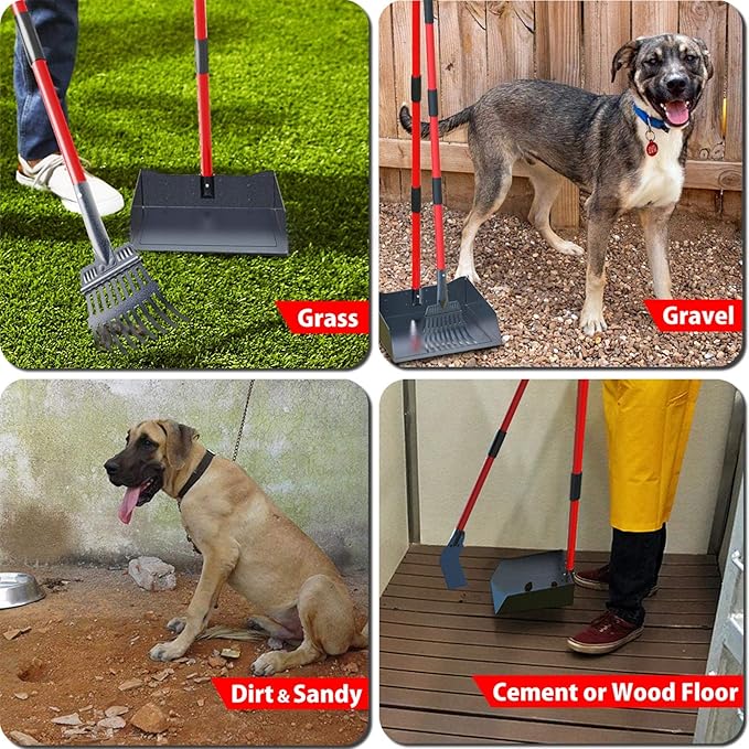Larger Heavy Duty Pooper Scooper for Dogs-Rake, Spade,Tray Set with Long Handle,No Bend Down Easy Cleanup,Great for Yard Grass Gravel Dirt,Use for Large Small and Multi Dogs-Mewly Pet
