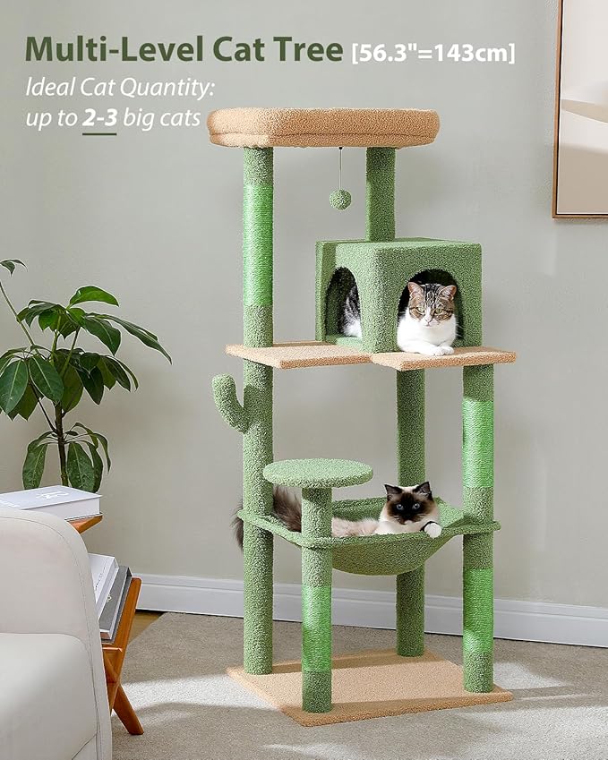Cactus Cat Tree for Large Cats with Metal Plush Big Hammock, 56.3" Cat Tower for Indoor Cats with 2 Door Condo House, 6-Tier Cat Shelves with Scratching Posts and Large Top Perch,Green-Mewly Pet
