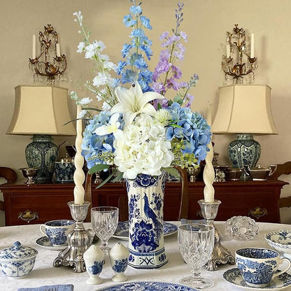 2 White +2 Blue Real Touch Hydrangea Artificial Flowers,21" Vintage Silk Fake Flowers, Faux Hydrangea Flowers for Wedding Bouque Centerpieces Tables Party Home