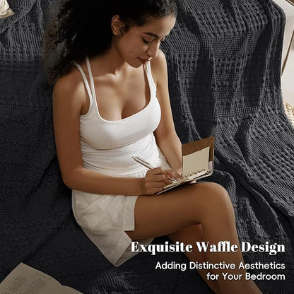 PHF 100% Cotton Waffle Weave Blanket King Size for Bed, Soft Lightweight & Breathable, All-Season Comfort, Luxury Aesthetic Woven Bedding for Home Decor, 108"x90", Black