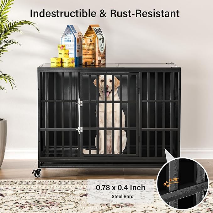48 inch Heavy Duty Dog Crate with Self-Locking Latch, Indestructible Large Steel Kennel with Enclosed Design, Escape-Proof and Chew-Proof Pet Cage for High Anxiety Dogs-Mewly Pet