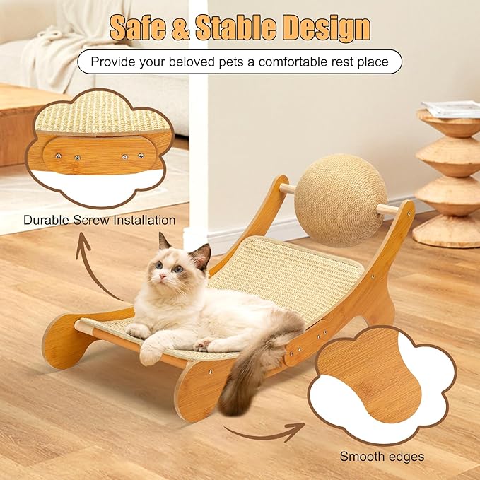 Outamateur Sisal Cat Scratcher Bed, Cat Hammock Chair, 3 in 1 Cats Scratcher Lounge, Cats Mini Beach Chair with Toy Ball, Pet Beds with Removable Sisal Pad for Indoor Small Animal, Puppy, Rabbit-Mewly Pet