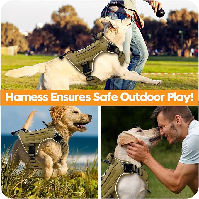 Heavy-Duty Tactical Dog Harness for Large Dogs, No Pull Adjustable Reflective Pet Vest with Molle System, K9 Military-Grade Control for Service Training, Outdoor & 10+ Breeds, Khaki, XX-Large-Mewly Pet