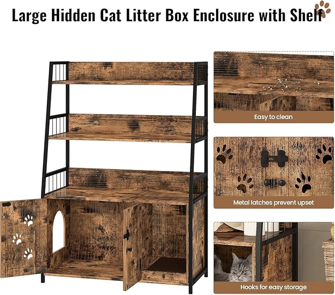 Recaceik Large Cat Litter Box Enclosure with Shelf Storage, Hidden Cat Washroom Furniture, Wooden Cat House with Scratch Pad, Sturdy Indoor Cat Cabinet with 2 Doors, Rustic Brown-Mewly Pet