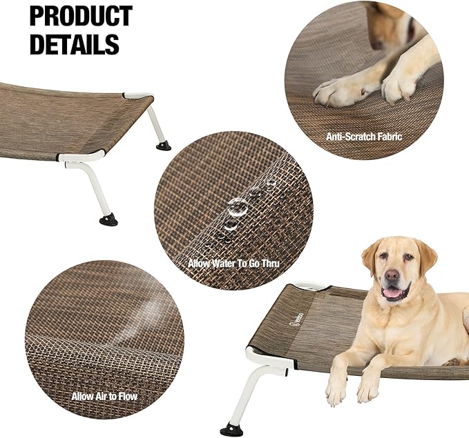 Veehoo Elevated Dog Bed for Outdoor, Cooling Waterproof Raised Dog Cots Beds for Large Dogs, Curved Off Ground Pet Hammock Cot Lifted for Outside, up to 85lbs, White Legs, Brown 42"-Mewly Pet