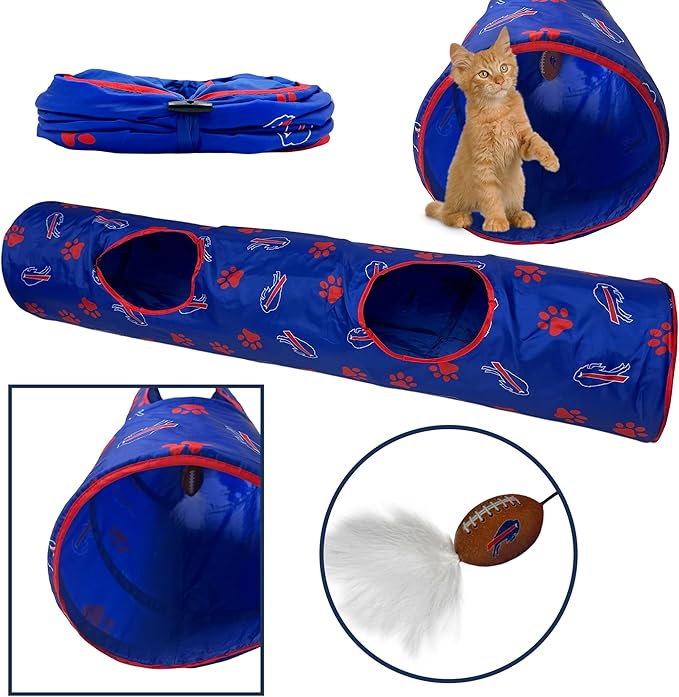 NFL Buffalo Bills Cat Tunnel Tube Toy with Plush Football Catnip and Feathers Collapsible Tunnel for Cats to Play, Peek and Hide, Sporty & Fun Cat Tunnel Toy with Team Logo All-Over Design!-Mewly Pet