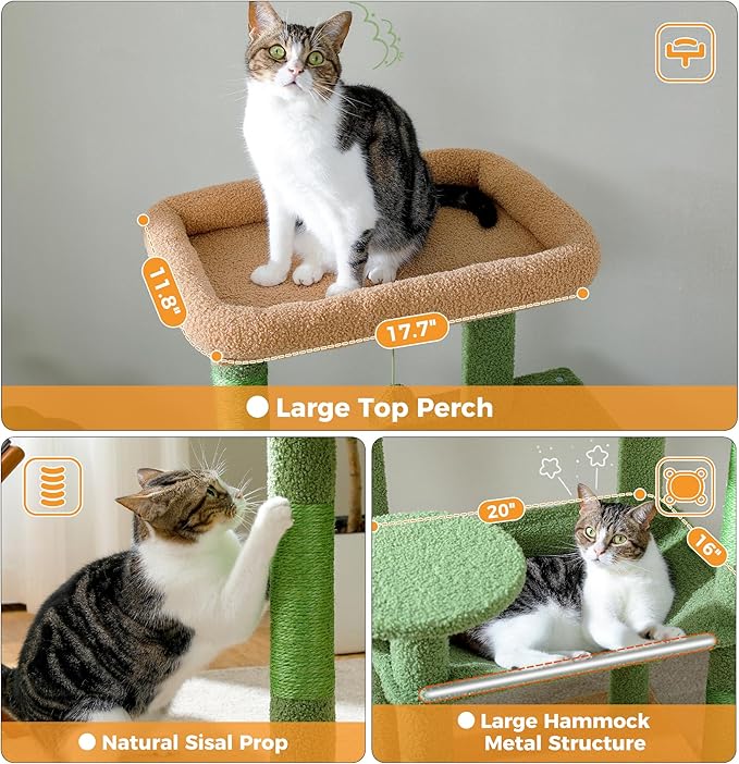 PETEPELA 56.3'' Tall Cat Tree for Indoor Cats, Cactus Cat Tower with Super Large Hammock (20''X16''), Sisal Covered Scratching Posts, Cozy Condo and Top Perch Green-Mewly Pet